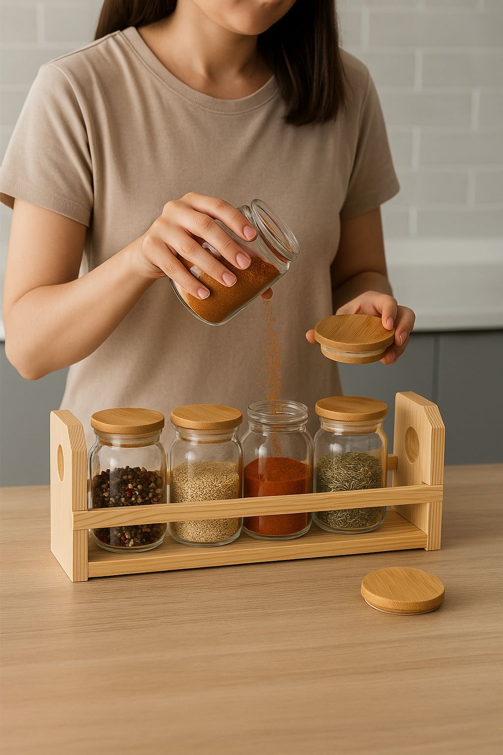 Bambu Kapaklı 4'lü Standlı Baharatlık