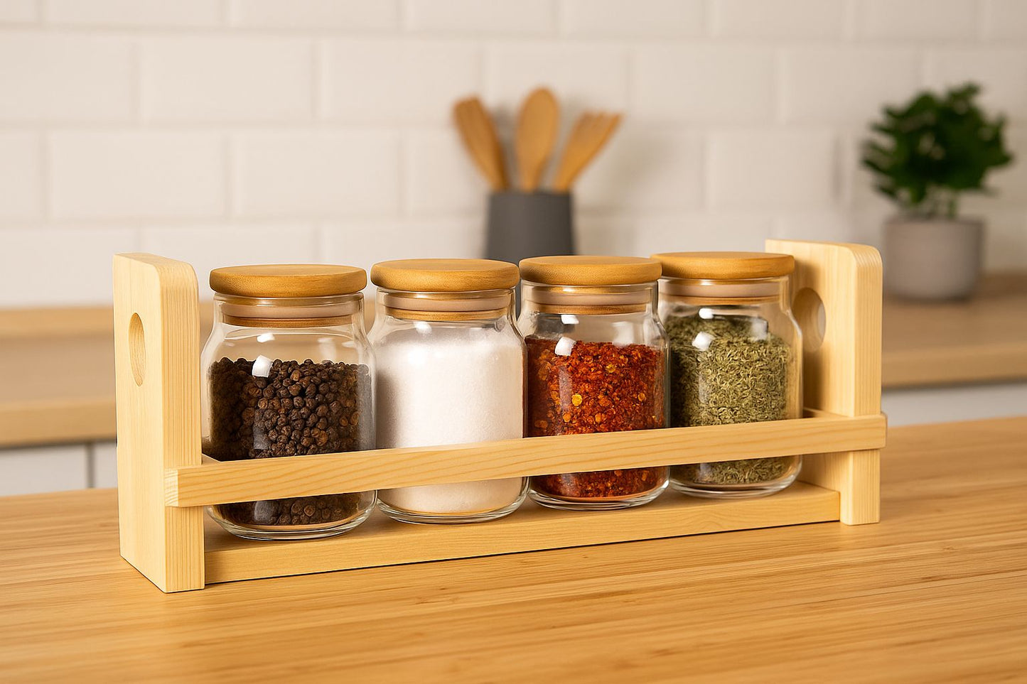 Bambu Kapaklı 4'lü Standlı Baharatlık